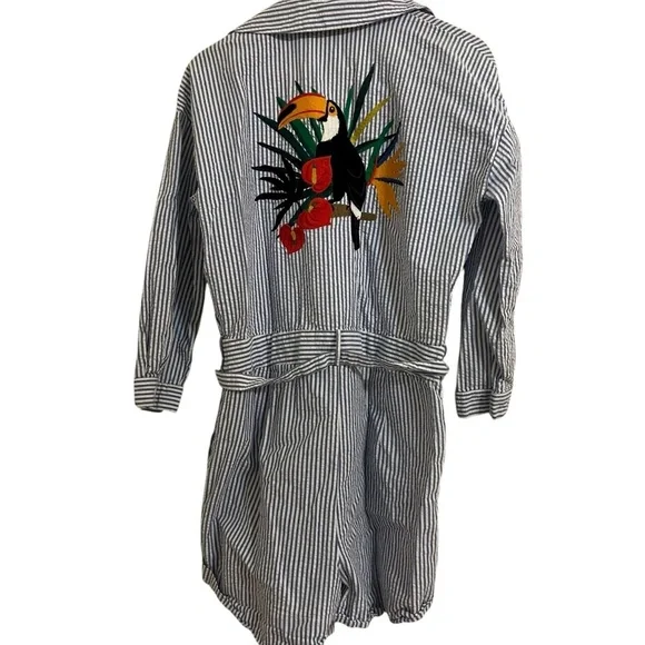 Zara romper Toucan Embroidered Seersucker striped small tropical beach summer - Picture 6 of 13